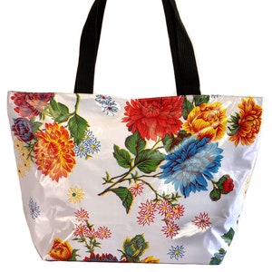 Chrysanthemums White Vinyl Tote Bag - Oilcloth Tote - Floral Tote Bag - Reusable Shopping Bag - Market Tote - Christmas Gift - Vinyl Bag