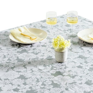 Wildflowers Tablecloth - Silver - Vinyl Floral Tablecloth - Oilcloth Tablecloth , Water Resistant Tablecloth, Easy to Clean Tablecloth