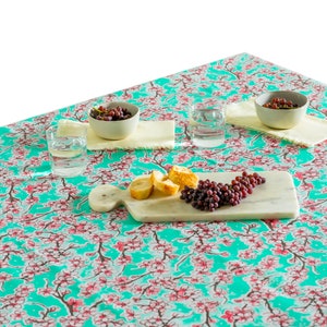 Sakura Cherry Blossom Oilcloth Tablecloth - Aqua - Plastic Vinyl PVC - Mantel de Plastico