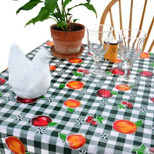 Gingham & Fruits Riverside Oilcloth Tablecloth - Green and White - Plastic Vinyl PVC - Mantel de Plastico