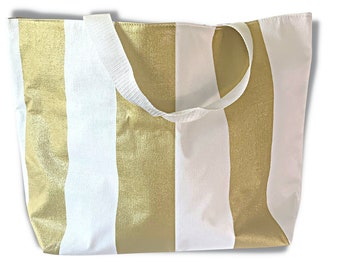 Oilcloth Beach Bag - Large Waterproof and Wipeable Beach Tote in Textured Gold and White Stripes