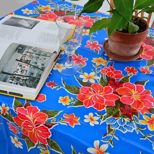 Hibiscus Flowers Oilcloth Tablecloth - Blue and Red - Plastic Vinyl PVC - Mantel de Plastico
