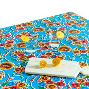 Sweet Flower Tablecloth - Blue - Vinyl Floral Tablecloth - Oilcloth Tablecloth , Water Resistant Tablecloth, Easy to Clean Tablecloth