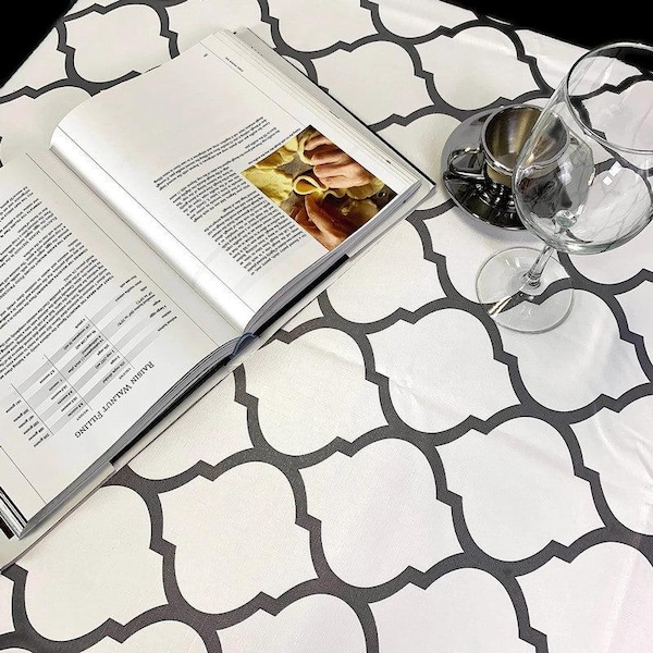 Damascus White and Silver Vinyl Tablecloth - Indoor Outdoor - Wipeable - Waterproof Tablecloth