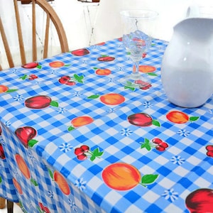 Gingham & Fruits Riverside Oilcloth Tablecloth - Blue and White - Plastic Vinyl PVC - Mantel de Plastico