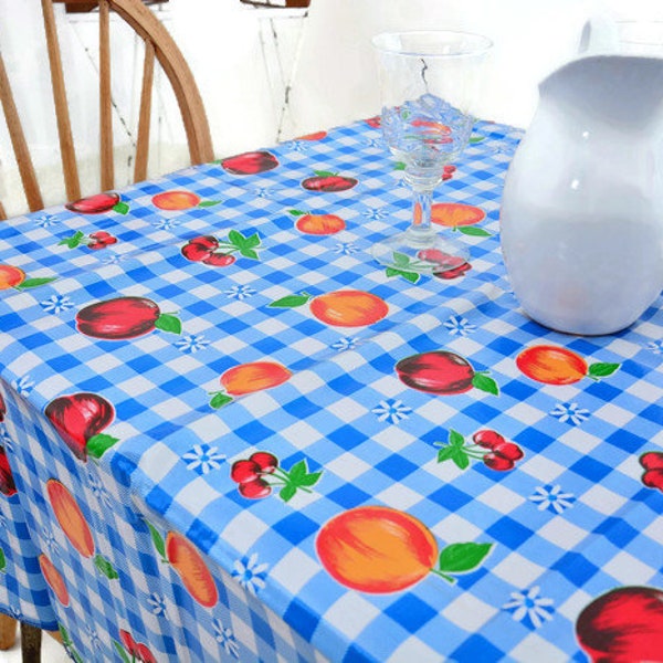 Gingham & Fruits Riverside Oilcloth Tablecloth - Blue and White - Plastic Vinyl PVC - Mantel de Plastico