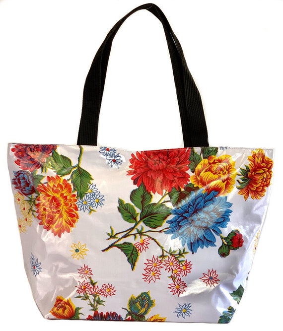 Chrysanthemums White Vinyl Tote Bag Oilcloth Tote Floral - Etsy