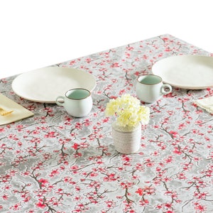 Sakura Cherry Blossom Oilcloth Tablecloth - Gray - Plastic Vinyl PVC - Mantel de Plastico