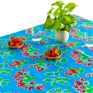 Strawberries Tablecloth - Blue - Vinyl Floral Tablecloth - Oilcloth Tablecloth , Water Resistant Tablecloth, Easy to Clean Tablecloth