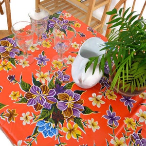 Hibiscus Flowers Oilcloth Tablecloth - Orange and Purple - Plastic Vinyl PVC - Mantel de Plastico