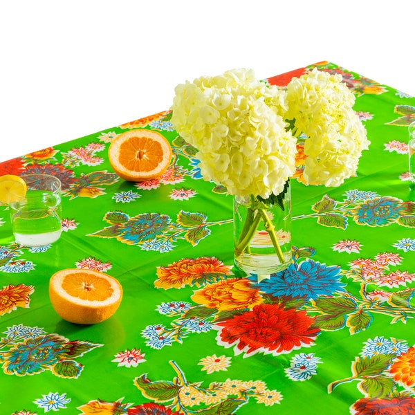 Chrysanthemums Oilcloth Tablecloth - Green - Plastic Vinyl PVC - Mantel de Plastico