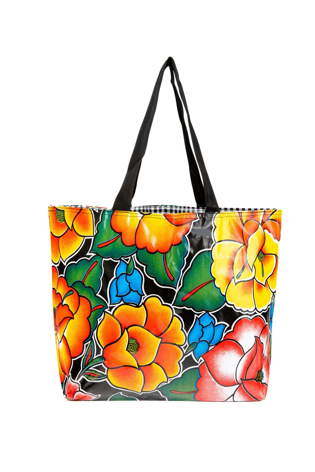 Tehuana Black Vinyl Tote Bag Oilcloth Tote Floral Tote Bag Reusable