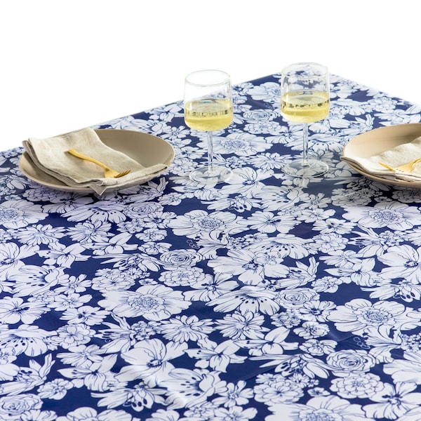 Wildflowers Tablecloth - Navy - Vinyl Floral Tablecloth - Oilcloth Tablecloth , Water Resistant Tablecloth, Easy to Clean Tablecloth