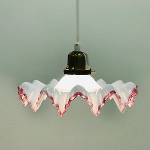Vintage French ceiling light with ruffled glass shade, Country farmhouse style pendant lamp, Frilly pink glass shade, Snowflake shape