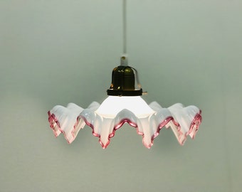 Vintage French ceiling light with ruffled glass shade, Country farmhouse style pendant lamp, Frilly pink glass shade, Snowflake shape