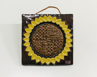 Mid century modern ceramic wall hanging plaque, Sunflower relief, EGO Stengods Sweden, Willi Fischer, Vintage Swedish stoneware home decor