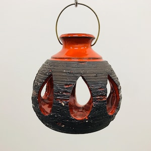 Brutalist orange ceramic tealight candle lantern, Norrmans Keramik, Motala Sweden, Partially glazed mid century modern Swedish stoneware