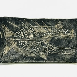 Börje Skohg, Mid century brutalist ceramic wall plaque with silver painted fish relief, Swedish Gustavsberg, Scandinavian modernist design
