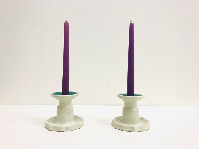 Anna-Lisa Thomson 1940s Upsala Ekeby ceramic candle Scandinavian art pottery Vintage Swedish home decor Art Deco candlestick holder pair