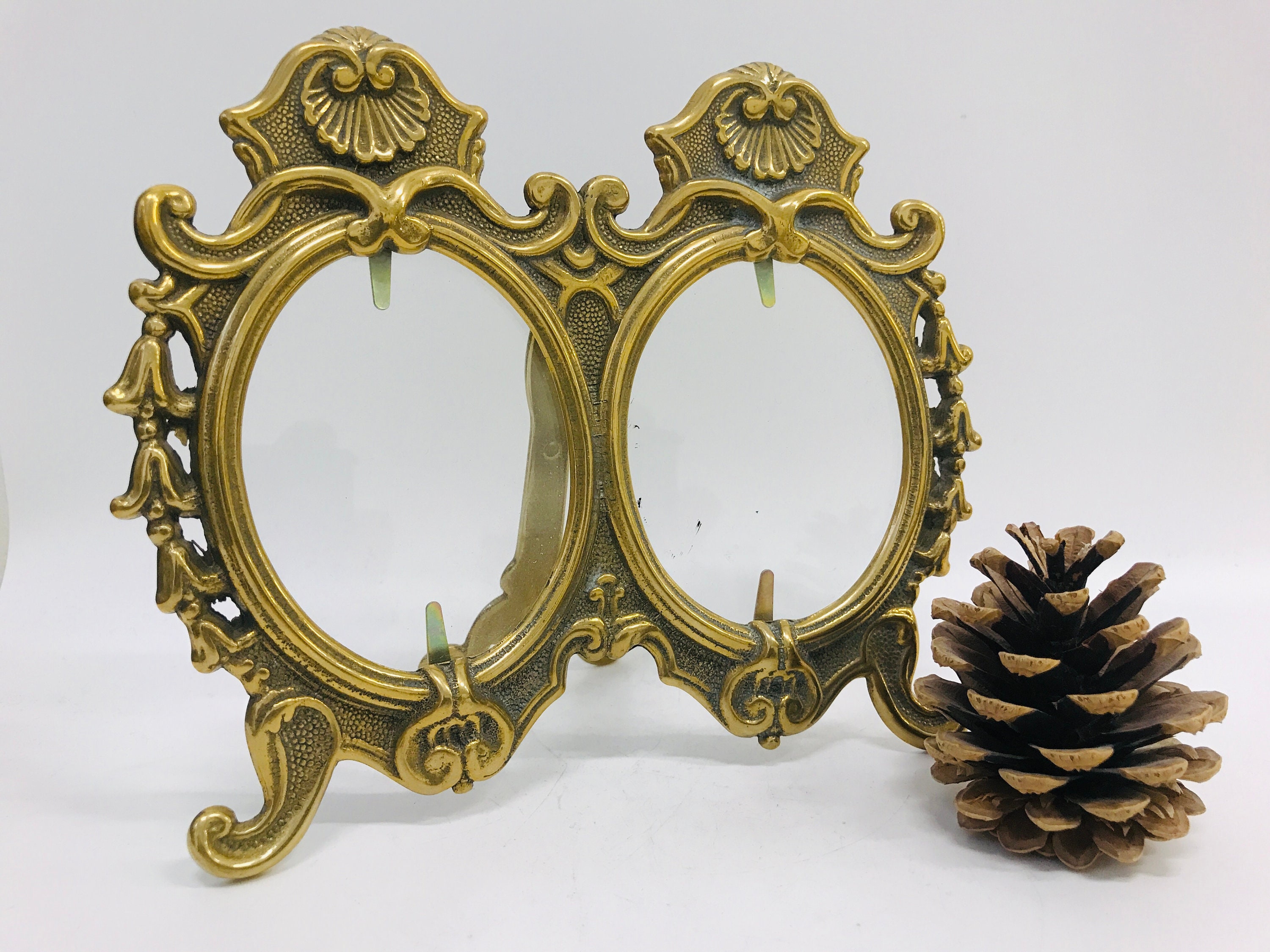Rococo Style Double Oval Photo Frame With Ornate Decor, Solid Brass Art ...