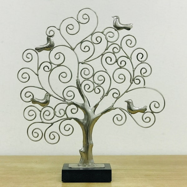 Árbol de sabiduría de metal con pájaros, arte de metal de mesa decorativo hecho a mano con base de madera