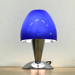 Vintage IKEA table lamp B9712, Chrome base, Blue glass shade, Mushroom shape Swedish retro decorative lamp, Bedside/window lighting
