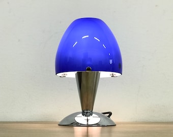 Vintage IKEA table lamp B9712, Chrome base, Blue glass shade, Mushroom shape Swedish retro decorative lamp, Bedside/window lighting