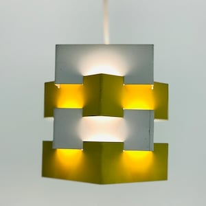 Mid century modern Kronoberg &quot;Nift&quot; yellow/white sheet metal pendant lamp for IKEA, Vintage Swedish space age designer ceiling light, 1960s