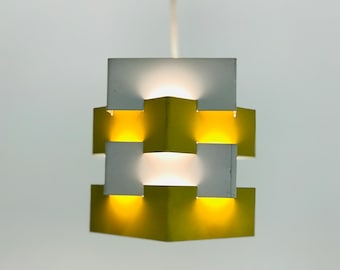 Mid century modern Kronoberg &quot;Nift&quot; yellow/white sheet metal pendant lamp for IKEA, Vintage Swedish space age designer ceiling light, 1960s