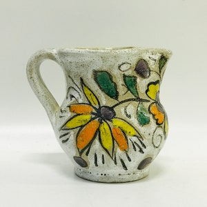 Italian pottery creamer with hand painted flower decor, Elio Schiavon, Gunter Erhart, Small ceramic milk pitcher with spout