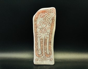 Ceramic Runestone sculpture with runic inscription, Magnus Berg, Traditional Viking folk art, Scandinavian culture decor, Swedish pottery