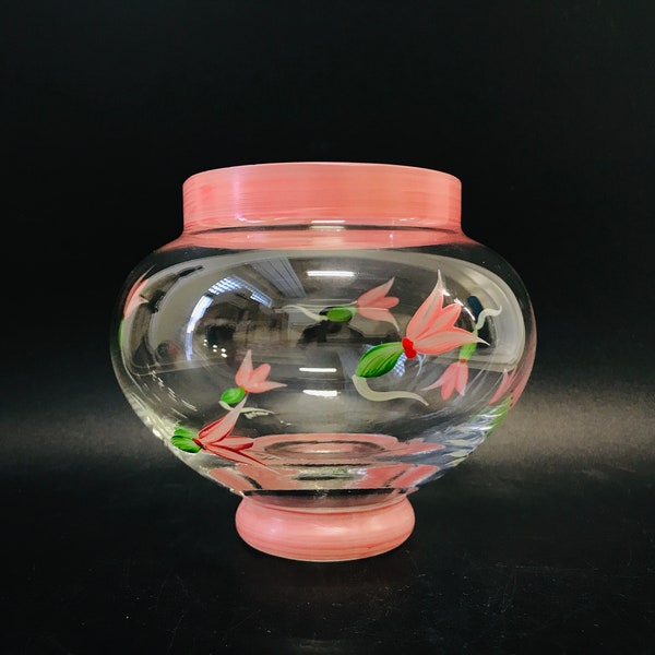 Kosta Boda Ulrica Hydman Vallien Paradis small vase with hand painted red pink flower decor, Swedish modernist art glass