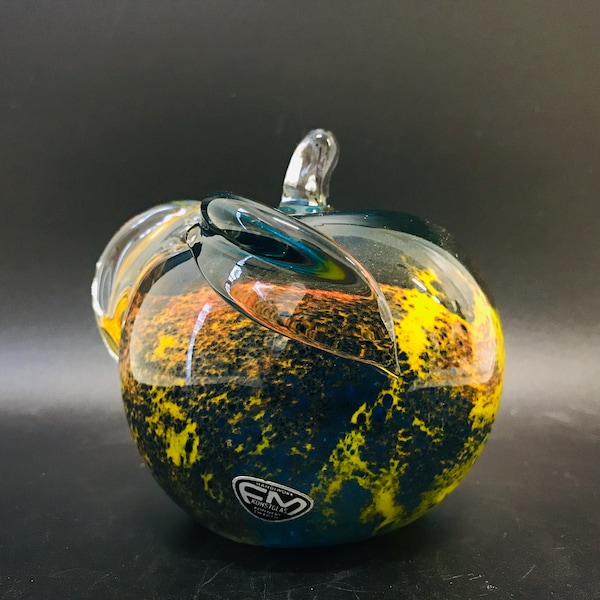 Färe Marcolin, Large colorful glass apple paperweight, FM Art Crystal, Ronneby Sweden, Collectible Swedish vintage crystal sculpture