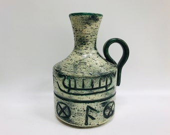 Brutalist modern ceramic handled vase, Viking totem symbol motif, Norwegian Arol Keramik, Halden, Mid century modern Scandinavian design