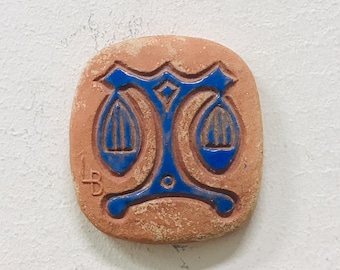 Pottery zodiac Libra sign by Lars Bergsten, Vintage Swedish astrology decor, Scandinavian ceramic wall hanging plaque
