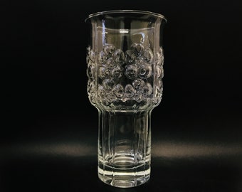 イッタラの透明ガラス花瓶「レイニッキ」、花のレリーフ模様、ヨルマ