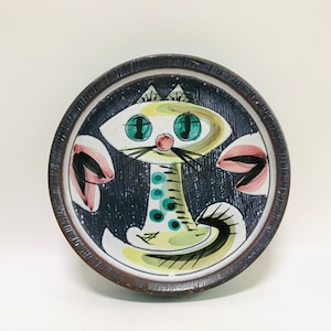 Vintage keramikskål med stiliserad kattdekor, NILA Keramik Alingsås, Mitten av århundradet modern svensk keramik, Sgraffitoteknik