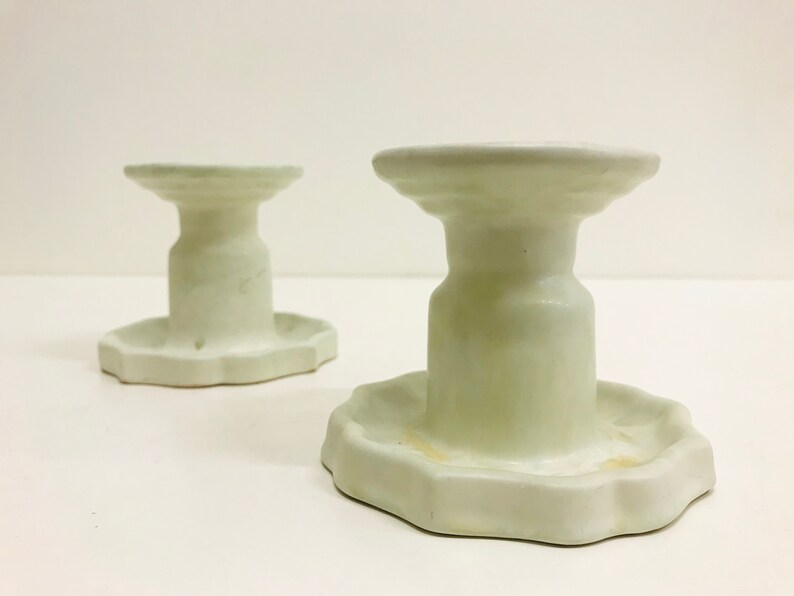 Anna-Lisa Thomson 1940s Upsala Ekeby ceramic candle Scandinavian art pottery Vintage Swedish home decor Art Deco candlestick holder pair