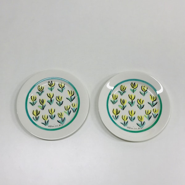 Ulrica Hydman-Vallien white porcelain dessert / salad plate, Set of 2, Yellow tulip flower decor, 1990s Swedish ceramic, Floral design