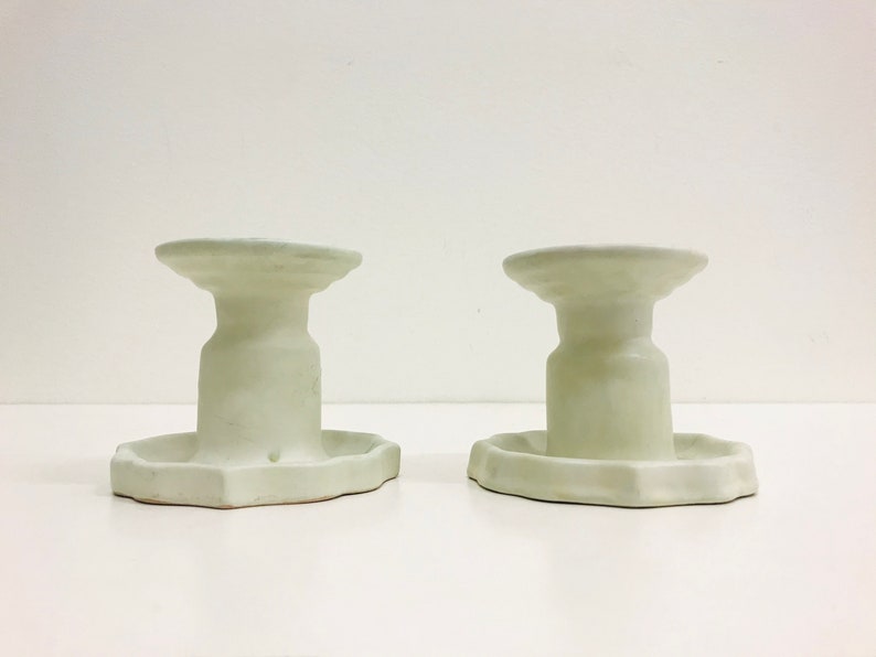 Anna-Lisa Thomson 1940s Upsala Ekeby ceramic candle Scandinavian art pottery Vintage Swedish home decor Art Deco candlestick holder pair