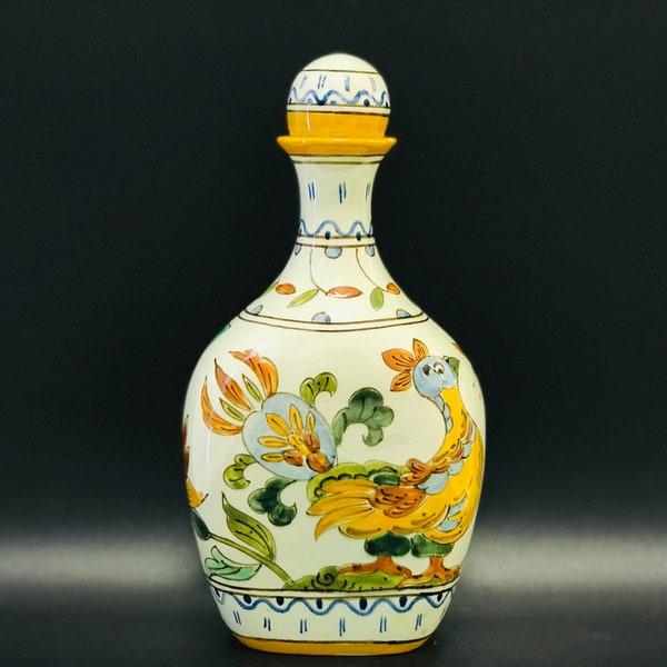 Vintage Dutch ceramic bottle with original stopper, Gouda pottery with hand painted rooster/bird and flower pattern, Signed