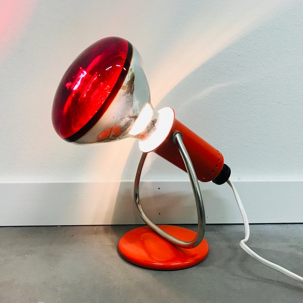 Lampe chauffante infrarouge LUMA Type 53 vintage, ampoule Osram IR, base/boîtier en métal orange, design moderne suédois du milieu du siècle, rétro scandinave