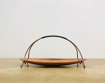 Mid century modern hammered copper serving tray with handle, Vintage Swedish design sleek serving bowl,