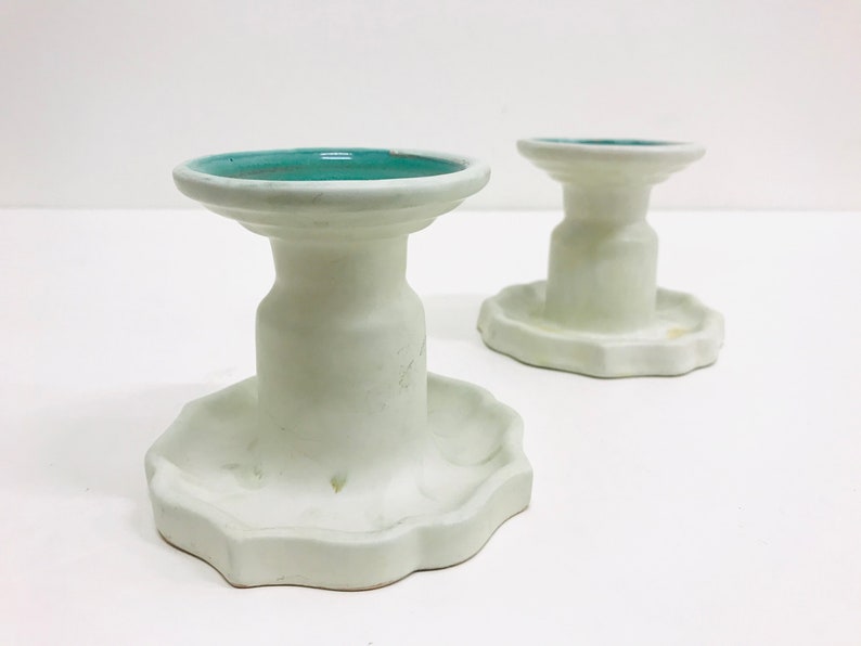 Anna-Lisa Thomson 1940s Upsala Ekeby ceramic candle Scandinavian art pottery Vintage Swedish home decor Art Deco candlestick holder pair