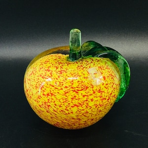 Johansfors hand blown orange yellow glass apple sculpture paperweight, Vintage Swedish art glass fruit figurine