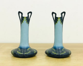 Jugend blue plaster vase pair with ginkgo leaf decor, Antique naturalist French Art Nouveau era