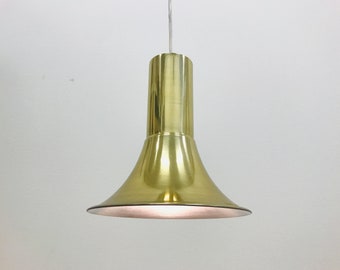 Swedish modern Kosta Lampan pendant lamp of brass colored sheet metal, Vintage trumpet shaped ceiling light, Scandinavian design lamp