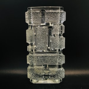 Jiri Zejmon, Sklo Union rectangular vase &quot;Brickwork&quot;, Model #13262, Rudolfova Hut, Mid century modern Czechoslovakia pressed glass vase