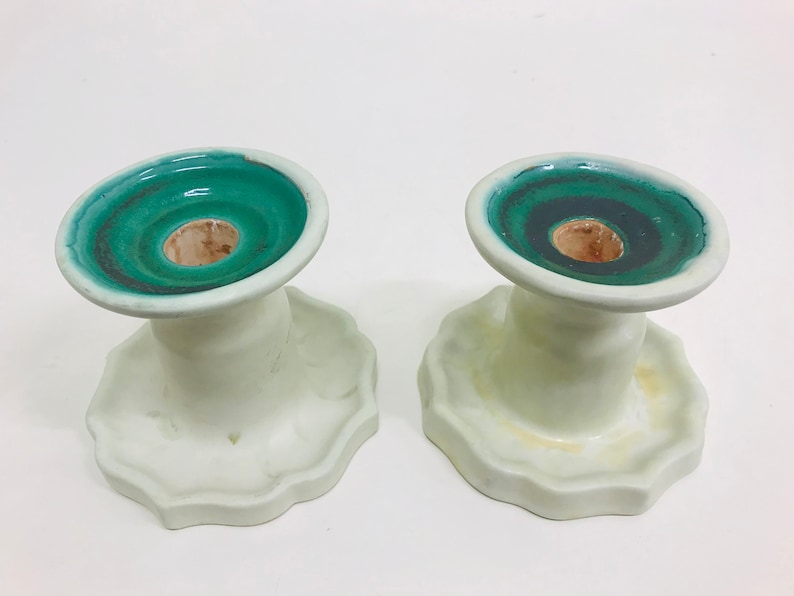 Anna-Lisa Thomson 1940s Upsala Ekeby ceramic candle Scandinavian art pottery Vintage Swedish home decor Art Deco candlestick holder pair