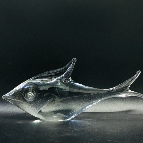 Färe Marcolin, Large glass fish figurine, Vintage Swedish hand made clear glass sculpture, FM Marcolin Art Crystal Ronneby, Sweden